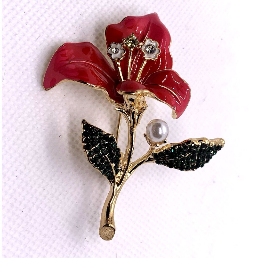 Flower Enamel Brooch Pink Green Goldtone Pin Contemporary